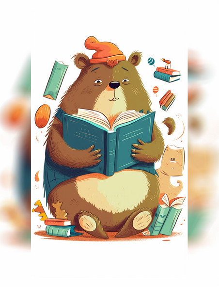 带着帽子的棕熊看书卡通拟人动物白色背景
