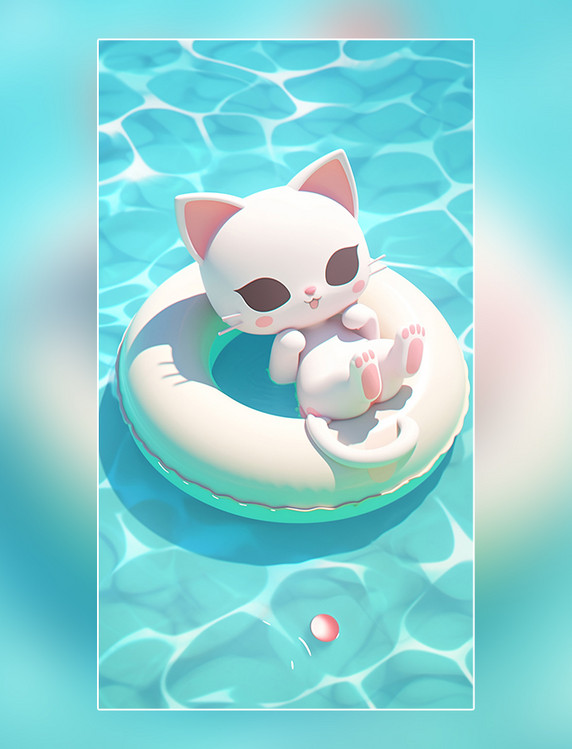 一个猫猫躺在游泳池的游泳圈上泳池清凉夏天