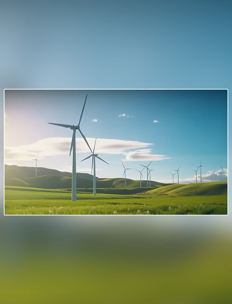 白天蓝天白云视野广阔风力发电新能源风车草原发电摄影图明亮的颜色风能