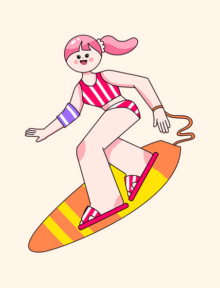 线描夏日冲浪板冲浪娱乐女孩描边
