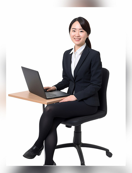 商务白领的照片亚洲面孔女性全身照穿着西装坐在电脑面前人像摄影风格