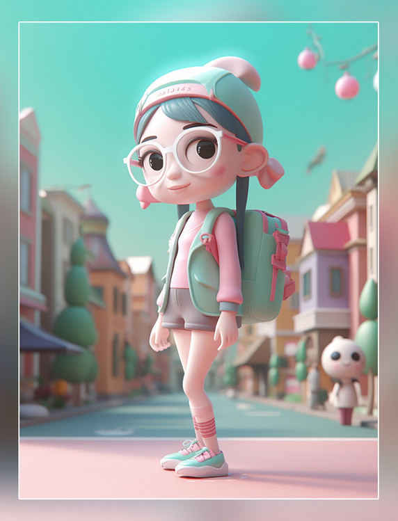 61儿童节一个可爱的小女孩在游乐园热气球飞艇摩天轮3D皮克斯C4D