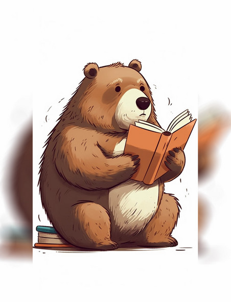 棕熊看书卡通拟人动物白色背景