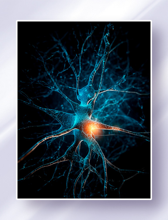 蓝橙色神经元细胞神经网络树突轴突显微镜下特写