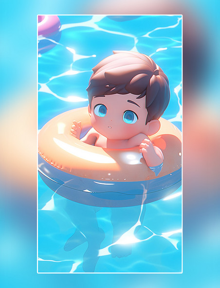 夏天夏日游泳池游泳一只小男孩躺在游泳圈上晒太阳泳池清凉
