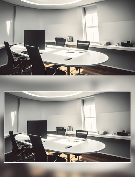 办公室圆形长桌子电脑椅子场景摄影