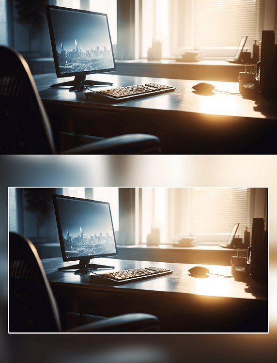 阳光下办公桌电脑办公场景摄影