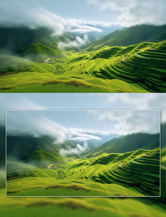 云雾缭绕的山间梯田摄影图