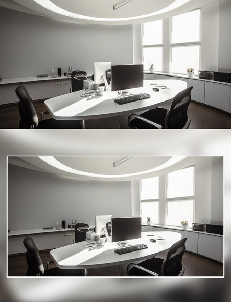 办公室白色长桌子电脑椅子摄影