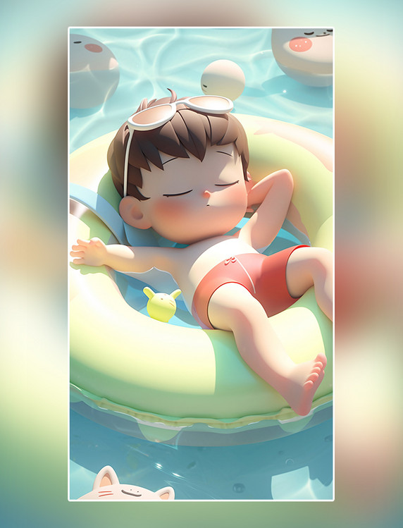 夏天夏日游泳池游泳一只小男孩躺在游泳圈上晒太阳可爱泳池清凉