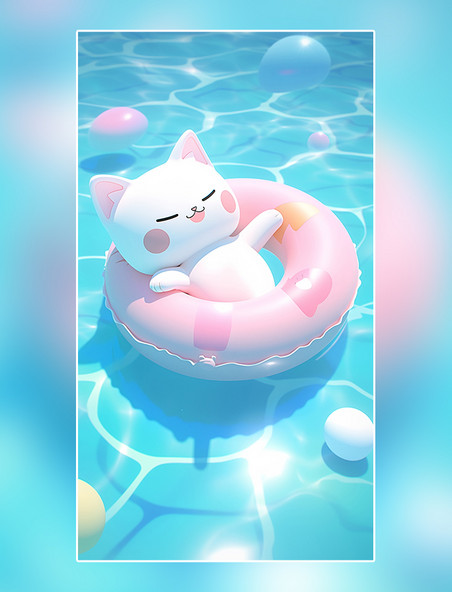 夏天夏日游泳池游泳一只小猫躺在游泳圈上晒太阳可爱小猫泳池清凉