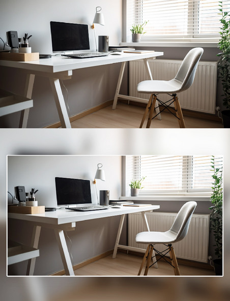 办公桌白色椅子电脑文件窗前摄影