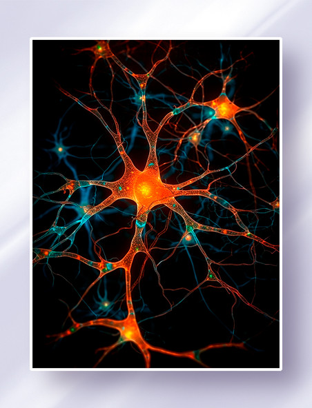 发射神经信号的神经元细胞神经网络蓝橙色