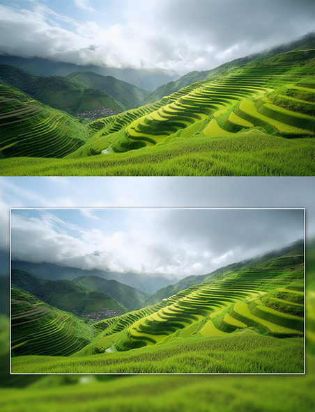 层层叠叠的绿色梯田摄影图