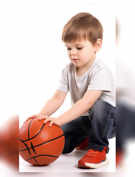 男孩蹲着摸着篮球摄影动作类