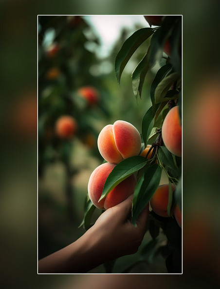 桃子园采摘水果农场新鲜桃子挂满果实蜜桃树新鲜多汁摄影图