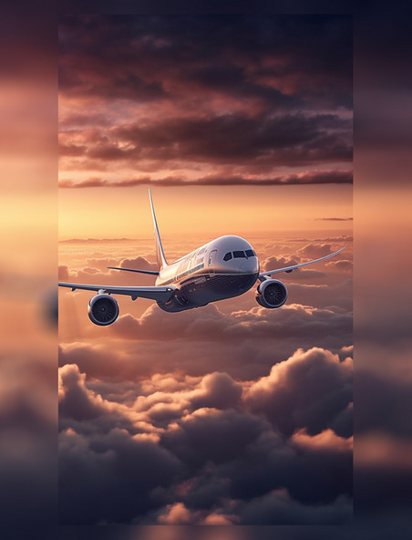 夕阳上升中云层上竖屏飞机交通工具摄影感