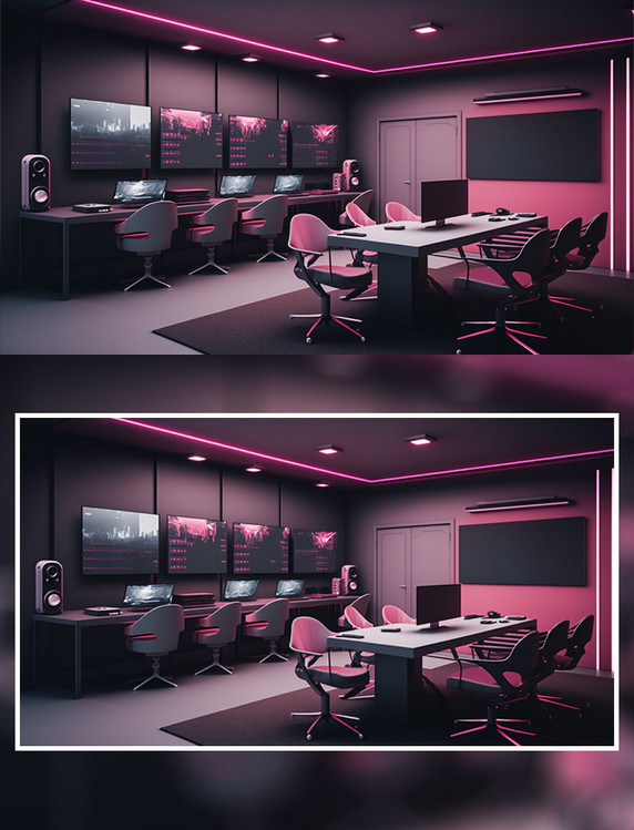 电竞游戏场所粉色灯光多个椅子电脑