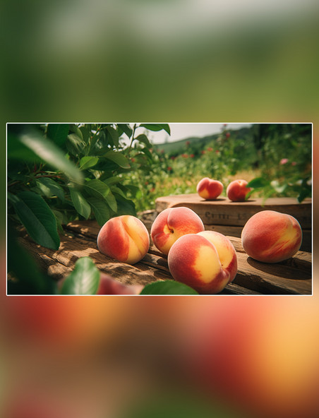 桃子园水果农场新鲜桃子挂满果实蜜桃树新鲜多汁摄影图