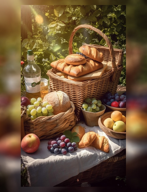 野餐美食菜篮面包果汁露营