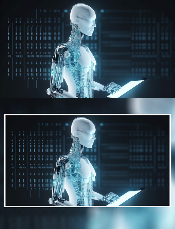 亮着蓝光医疗白色机器人点击全息屏幕元宇宙