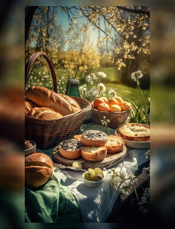 野餐美食面包果汁鲜花露营