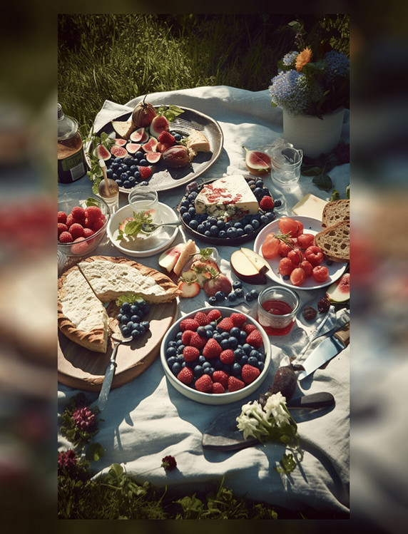 野餐美食欧式面包蓝莓饮料露营