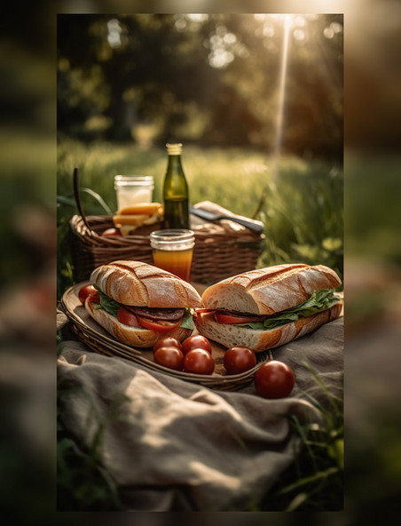 野餐美食汉堡番茄饮料露营
