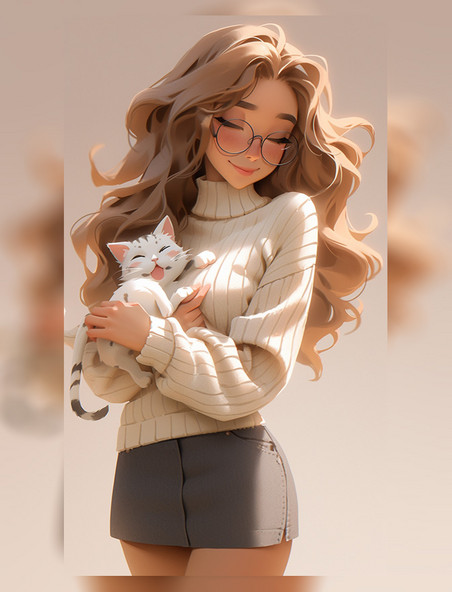 眼镜女孩和猫治愈动漫宠物可爱