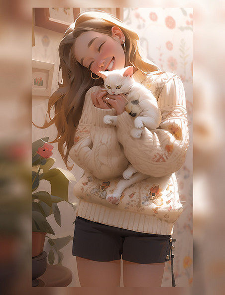 女孩和猫治愈动漫宠物可爱