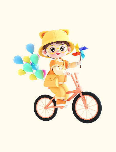 儿童节3D立体可爱男孩人物骑自行车