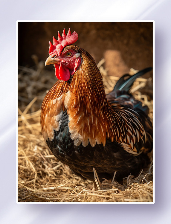 卧在农场鸡窝里的一只大公鸡摄影图动物牲畜
