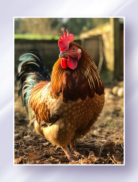 阳光下站在农场里的一只大公鸡家禽摄影动物牲畜
