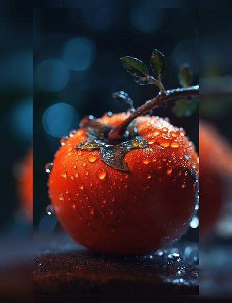 水珠柿子特写近距离摄影感