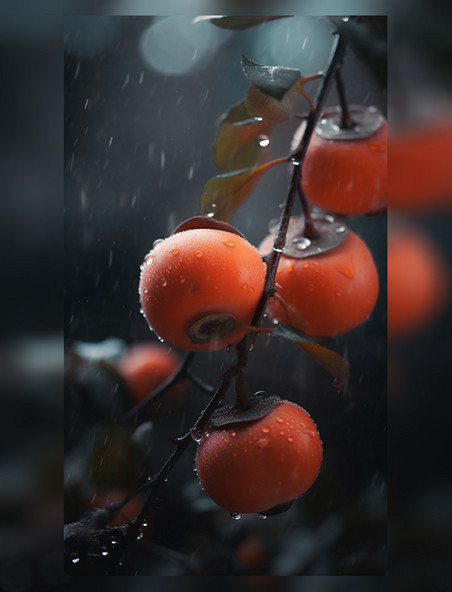 雨水水珠柿子特写近距离