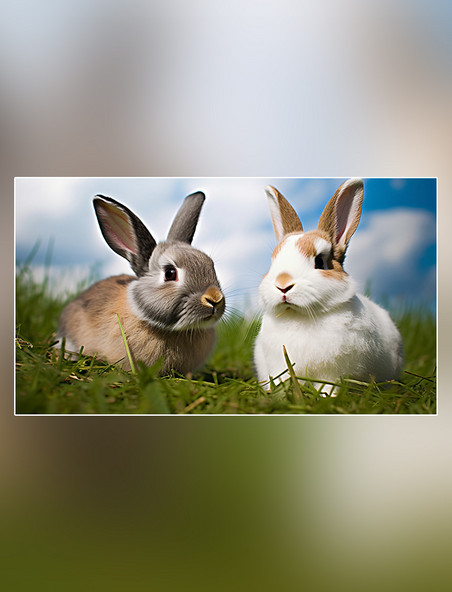 白天蓝天白云家畜草地可爱兔子哺乳动物兔子野外摄影图超级清晰