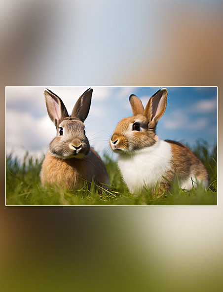 蓝天白云家畜草地可爱兔子哺乳动物兔子野外摄影图超级清晰
