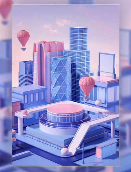 3D立体电商促销科技风城市建筑展台海报