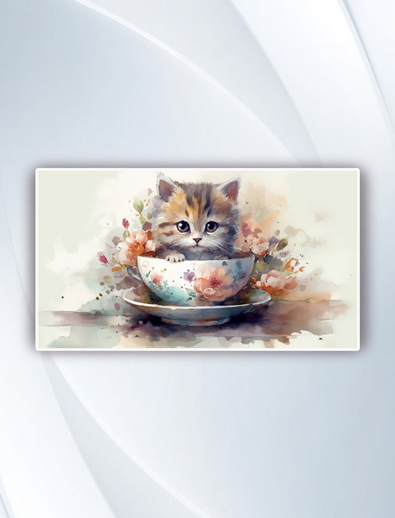水彩风漂亮可爱的萌宠茶杯小猫