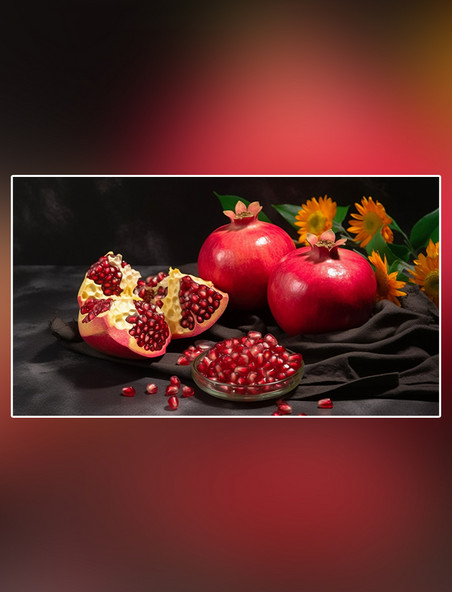 特写石榴水果摄影图超级清晰高细节新鲜石榴红色软籽多汁成熟水果