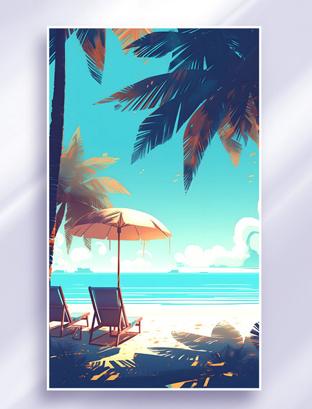 夏日清新大海沙滩躺椅椰子树插画