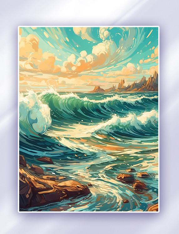 海浪夏日中国风国潮手绘插画