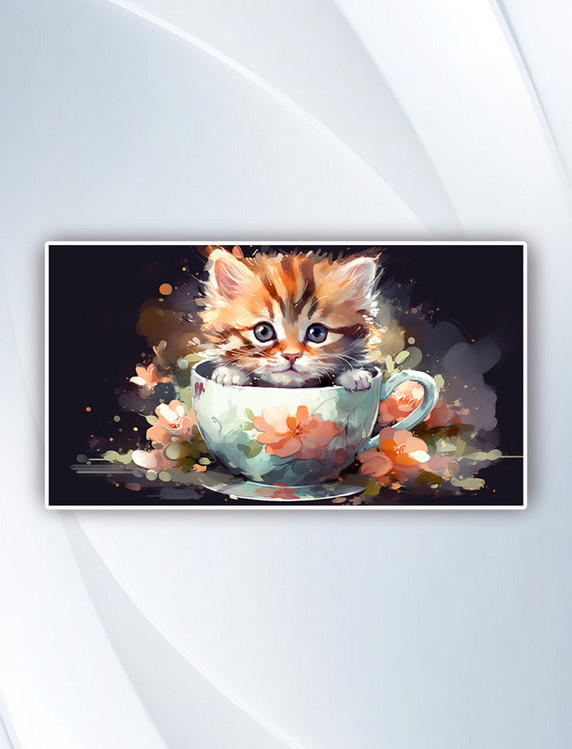 水彩风可爱的萌宠茶杯小猫插画
