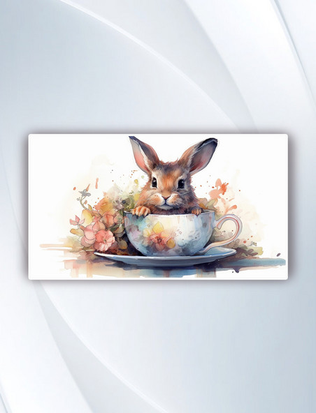 可爱的萌宠茶杯小兔子水彩风插画