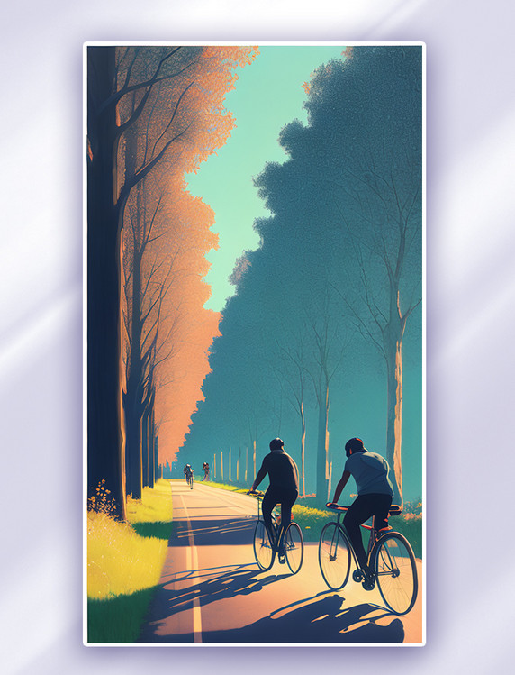路上骑自行车骑行风景插画