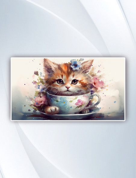 水彩风可爱的萌宠茶杯小猫卡通插画