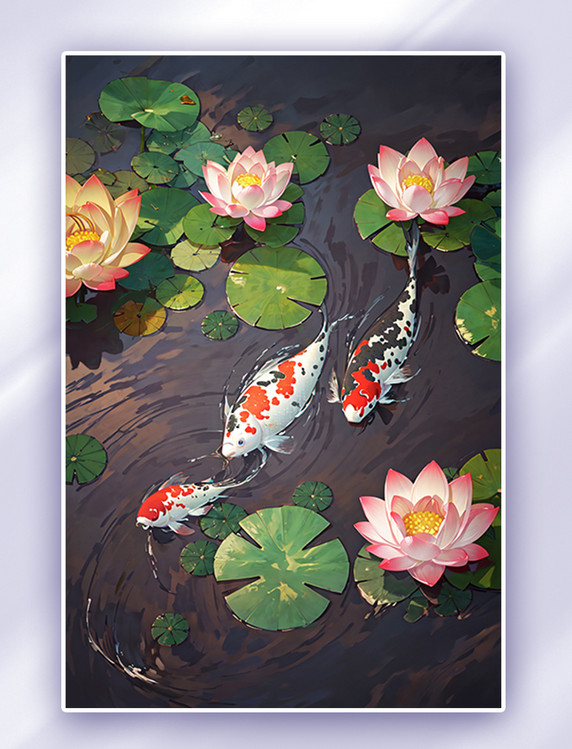夏日乡间池塘锦鲤荷花插画