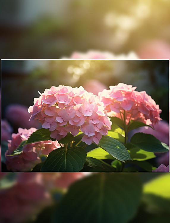 粉红色绣球花摄影图阳光下盛开的绣球花图片
