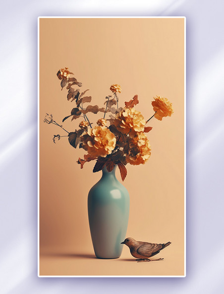 莫兰迪色系花瓶和小鸟简约背景