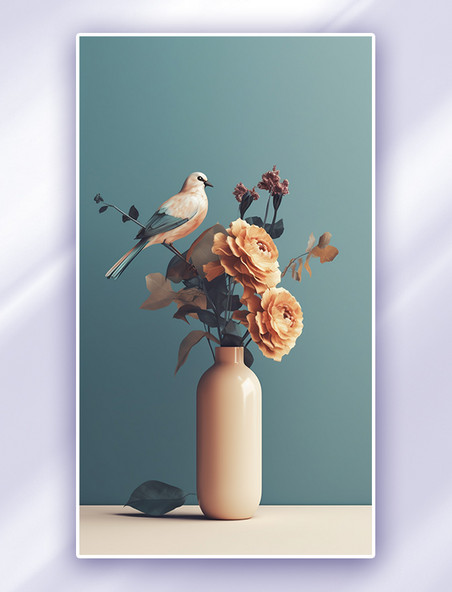 简约莫兰迪色系花瓶和小鸟壁纸背景